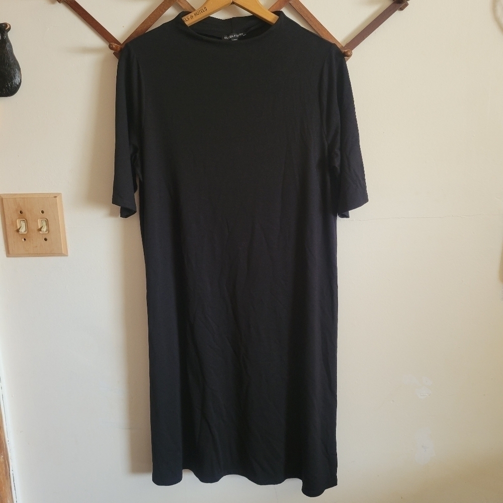 Eileen Fisher Knee Length Mini Midi Dress 1/2 Short Sleeve Stretchy Black Medium